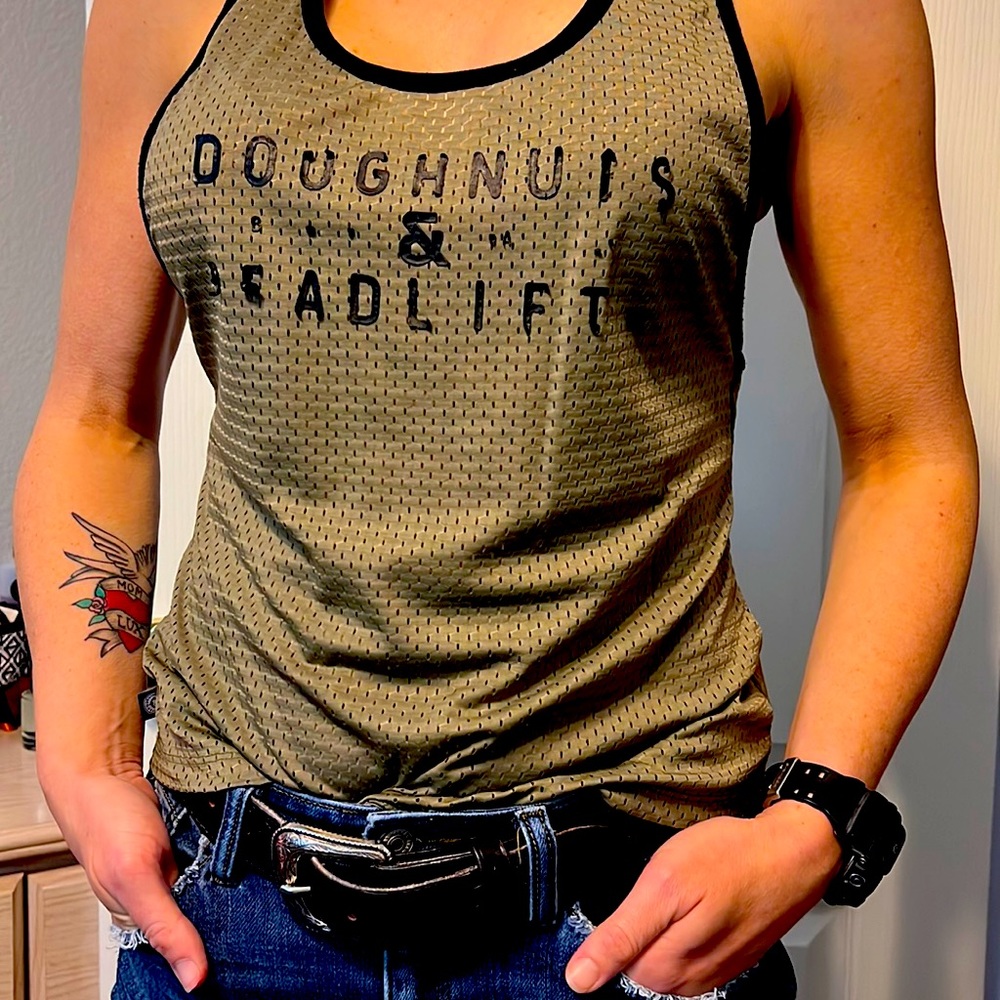Work out Tank sz S/M mesh jersey style Doughnuts & Deadlifts